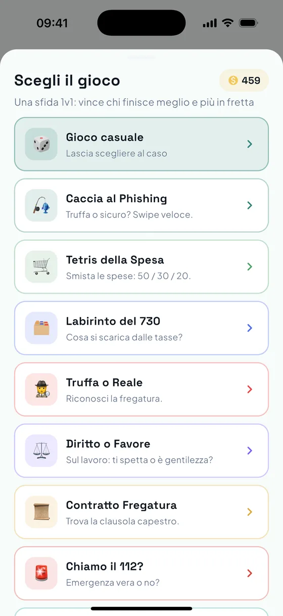 Scegli il minigioco — sfida 1 contro 1